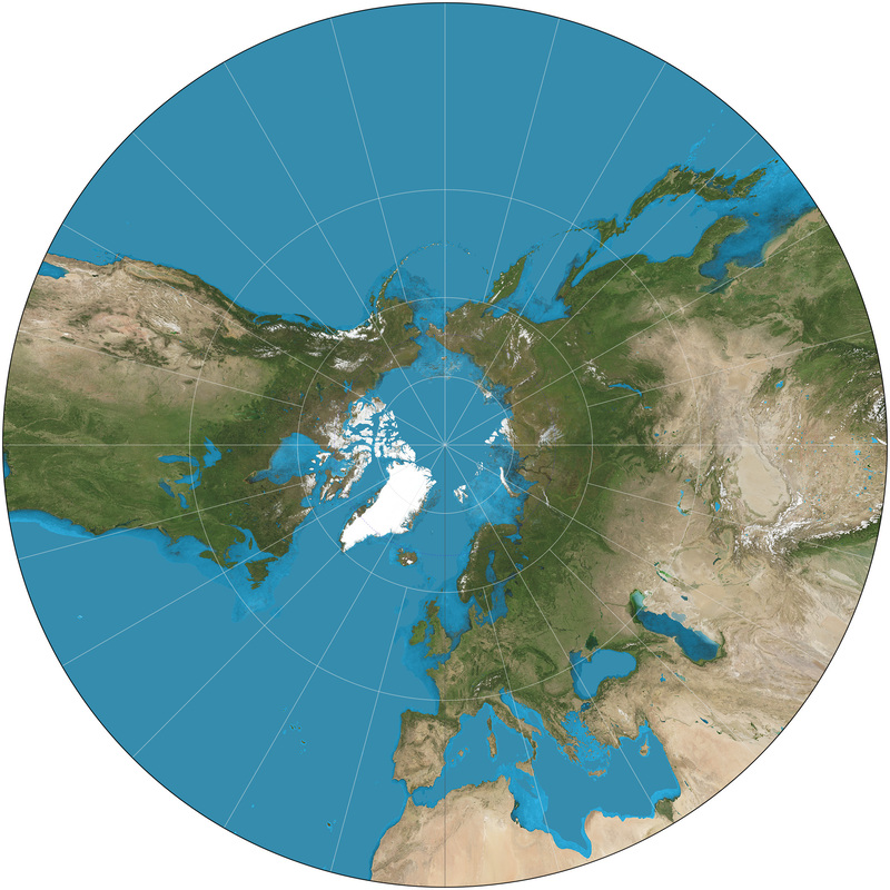 A map of the northern hemisphere of earth centered on the North Pole, projected to a circle with a gnomonic projection