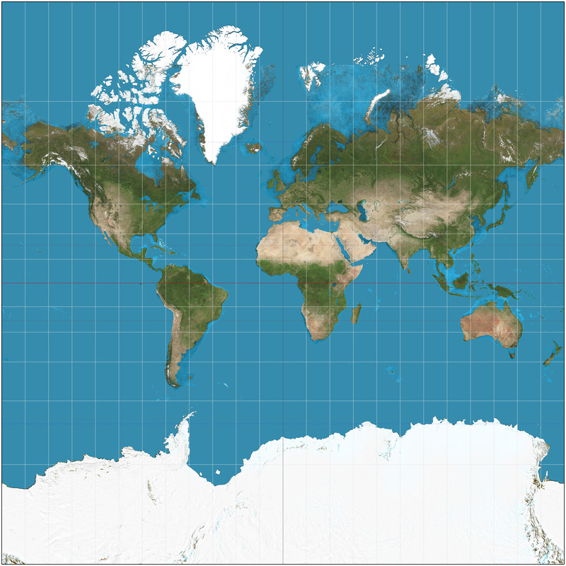 A map of the earth as projected to a rectangle with the Mercator projection.