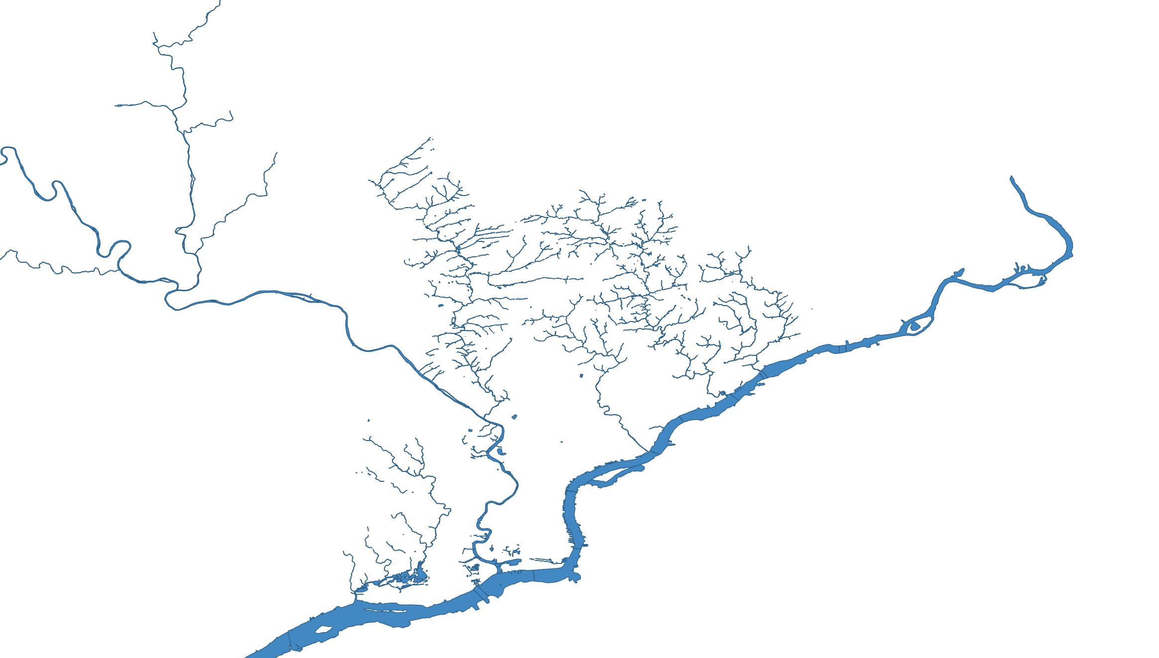 Many spidering waterways consolidating into a major river